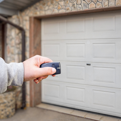 Decatur security key fob pointing to a garage door