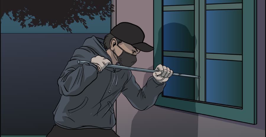 Illustration of burglar forcing entry through a window in Decatur